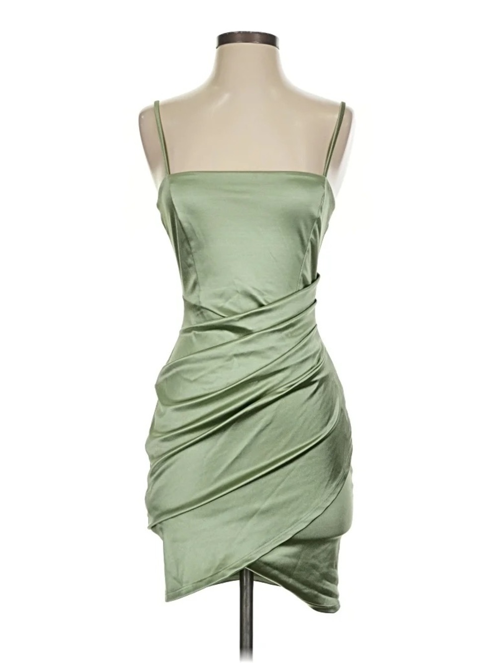 Windsor Wrapped in Stylish Satin Sage Green Mini Dress